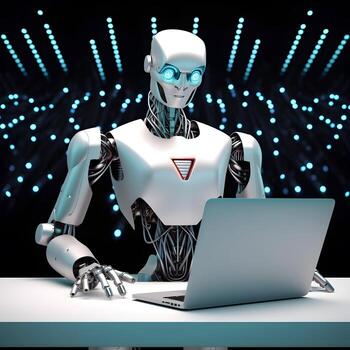 Futuristic robot using computer laptop. photo