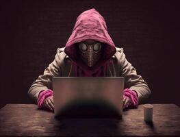 anónimo hacker con loco y extraño Moda y Steampunk estilo. concepto de hackear la seguridad cibernética, ciberdelincuencia, ataque cibernetico, etc. ai generado imagen foto