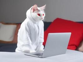 Cat with hoodie. Concept of hardworking pet. image photo