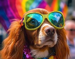 Pet dog in pride parade. Concept of LGBTQ pride. photo