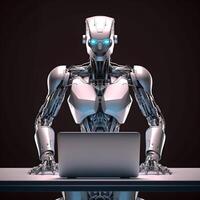 Futuristic robot using computer laptop. photo