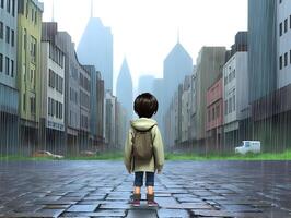 Child with raincoat and backpack. Concept of back to school. photo