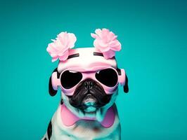 Fashionable Pug dog wearing VR glasses. image photo