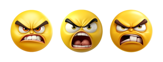arrabbiato viso espressione impostato giallo emoticon icona 3d. generativo ai png