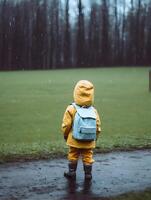 Child with raincoat and backpack. Concept of back to school. photo