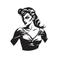 female superhero, vintage logo line art concept black and white color, hand drawn illustration vector