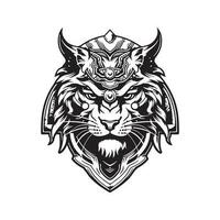 fantasy tiger warrior, vintage logo line art concept black and white color, hand drawn illustration vector