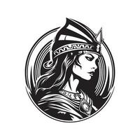 female warrior, vintage logo line art concept black and white color, hand drawn illustration vector