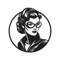 female superhero, vintage logo line art concept black and white color, hand drawn illustration vector