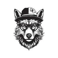 hipster wolf, vintage logo line art concept black and white color, hand drawn illustration vector