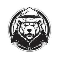 anthropomorphic kodiak, vintage logo line art concept black and white color, hand drawn illustration vector