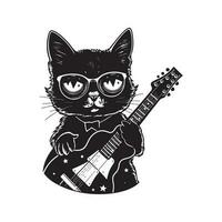 rockstar cat, vintage logo line art concept black and white color, hand drawn illustration vector