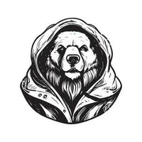 anthropomorphic kodiak, vintage logo line art concept black and white color, hand drawn illustration vector