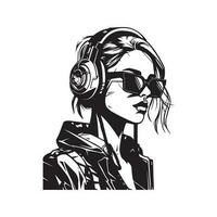 fashion cyberpunk girl, vintage logo line art concept black and white color, hand drawn illustration vector
