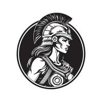female warrior, vintage logo line art concept black and white color, hand drawn illustration vector