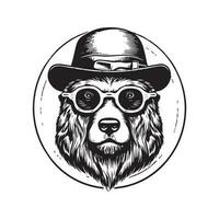 hipster bear, vintage logo line art concept black and white color, hand drawn illustration vector