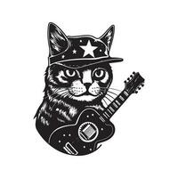 rockstar cat, vintage logo line art concept black and white color, hand drawn illustration vector