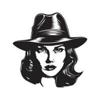 gangster woman wearing fedora, vintage logo line art concept black and white color, hand drawn illustration vector