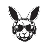 DJ rabbit sunglasses, vintage logo line art concept black and white color, hand drawn illustration vector