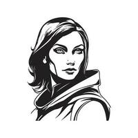 science fiction female hero, vintage logo line art concept black and white color, hand drawn illustration vector