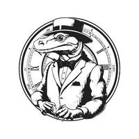 anthropomorphic komodo dragon, vintage logo line art concept black and white color, hand drawn illustration vector