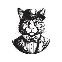 anthropomorphic cat, vintage logo line art concept black and white color, hand drawn illustration vector