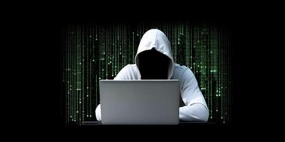 Anonymous hacker with laptop. Concept of dark web, hacking cybersecurity. image photo