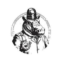 steampunk hippo, vintage logo line art concept black and white color, hand drawn illustration vector