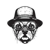 hipster dog, vintage logo line art concept black and white color, hand drawn illustration vector