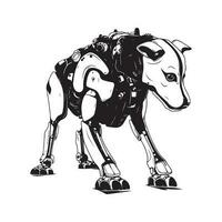 dog robot machine, vintage logo line art concept black and white color, hand drawn illustration vector
