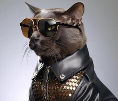 Black cat with fashionable dressing, wearing sunglasses. photo