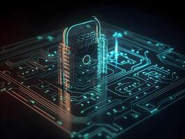 Lock in centre of circuit pattern. Concept of data security, cybersecurity, encryption, etc. image photo