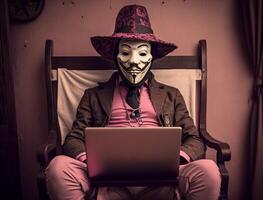 anónimo hacker con loco y extraño Moda y Steampunk estilo. concepto de hackear la seguridad cibernética, ciberdelincuencia, ataque cibernetico, etc. ai generado imagen foto