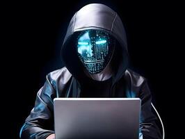 Anonymous robot hacker. Concept of hacking cybersecurity, cybercrime, cyberattack, dark web, etc. image photo