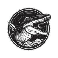 mosasaurus, vintage logo line art concept black and white color, hand drawn illustration vector