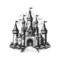 medieval castle, vintage logo line art concept black and white color, hand drawn illustration vector