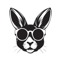 DJ rabbit sunglasses, vintage logo line art concept black and white color, hand drawn illustration vector
