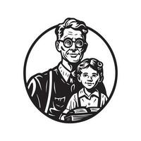 grandfather and grandchildren, vintage logo line art concept black and white color, hand drawn illustration vector