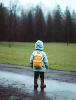 Child with raincoat and backpack. Concept of back to school. photo