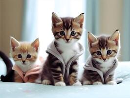 grupo de gatitos con linda ropa. ai generado foto