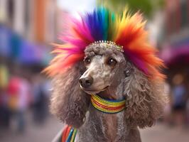 Poodle dog in pride parade. Concept of LGBTQ pride. photo