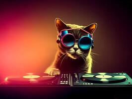 Pet cat with dj mixer. Playing electro dance music. . photo