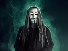 Portrait of anonymous hacker with long hair. image. photo