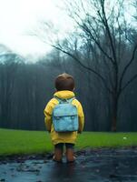 niño con impermeable y mochila. concepto de espalda a escuela. ai generado foto