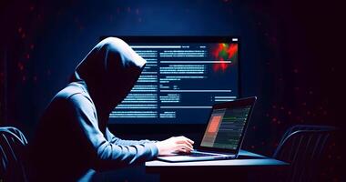 Anonymous hacker with laptop. Concept of dark web, hacking cybersecurity. image photo