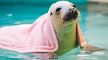 Seal with towel at swimming pool. photo