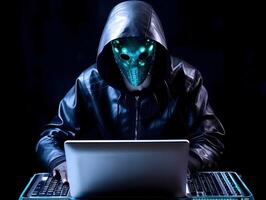 Anonymous robot hacker. Concept of hacking cybersecurity, cybercrime, cyberattack, dark web, etc. image photo