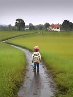 Child with raincoat and backpack. Concept of back to school. photo