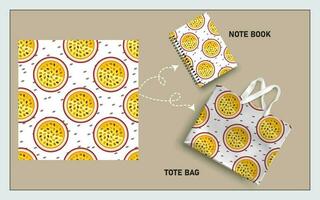 mockup tote bag and note book with slice of passion fruit seamless pattern vector. vector
