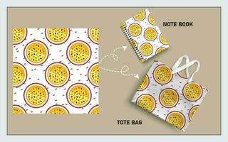 Bosquejo totalizador bolso y Nota libro con rebanada de pasión Fruta sin costura modelo vector. vector